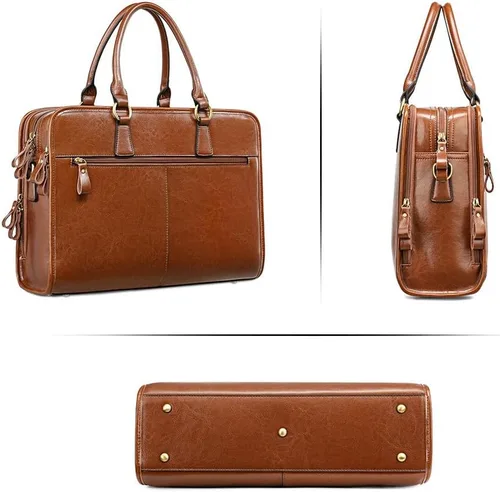 Miniatura 7 de Kattee Maletín de cuero genuino para mujer, bolsa de computadora portátil de gran capacidad con etiqueta de equipaje