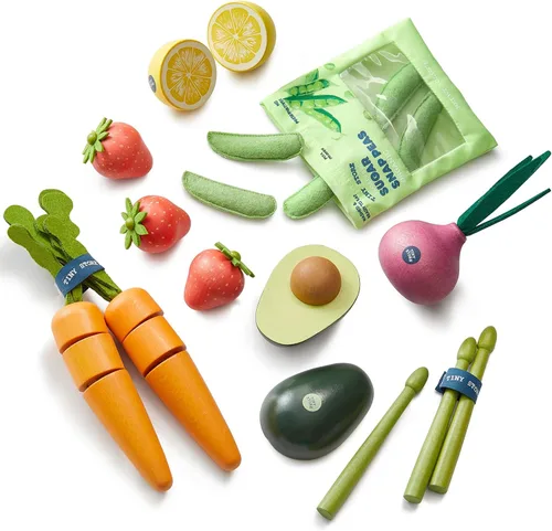 Tiny Land Juego de Verduras y Frutas de Madera Orgánica – 7 Piezas de Comida de Simulación para Niños, Juguete de Cocina Montessori para Niños