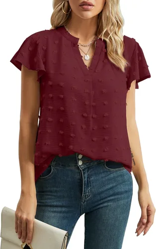 YSYOKOW Womens Summer Tops Casual V Neck T Shirts Ruffle Short Sleeve Blouses Dressy Loose Fit Tunic