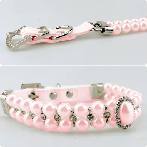 Miniatura 6 de Collares de perlas grandes para perros pequeños y gatos con decoración de diamantes de imitación de cristal, collar ajustable de piel sintética