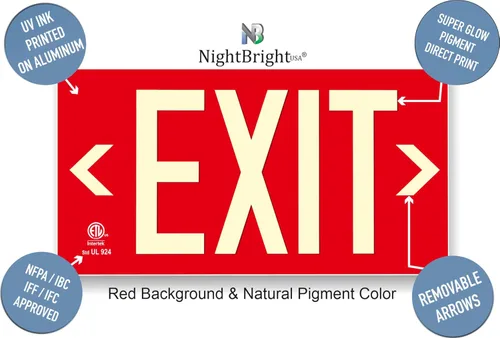 Miniatura 5 de Letrero de salida fotoluminiscente rojo, aluminio, aprobado por código UL 924/IBC/NFPA 101 Número de pieza NightBright USA ULR-050