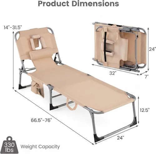 Miniatura 3 de Goplus Silla bronceadora, silla de playa plegable con agujero para cara y brazo, posición ajustable, almohada extraíble, bolsillo lateral, silla