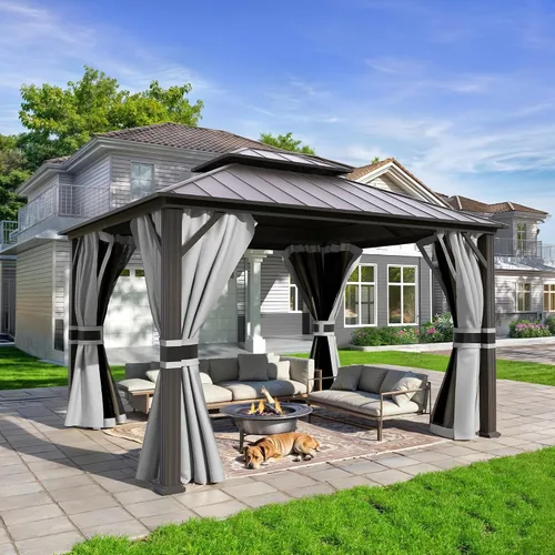 Miniatura 15 de UDPATIO Gazebo de techo rígido de 10 x 10 pies, glorieta de metal para exteriores con techo de acero galvanizado, pabellón permanente con malla