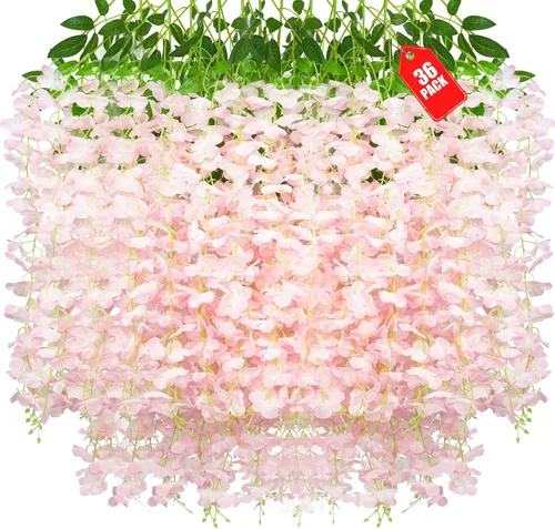 Miniatura 51 de Paquete de 12 flores colgantes de glicina rosa, flores colgantes falsas de 3.44 pies, guirnalda de glicina artificial para decoración de boda, telón