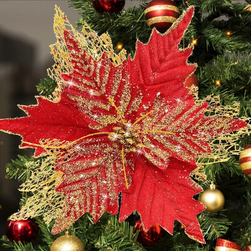Miniatura 8 de Flores de Pascua de Navidad con purpurina de 10'' de stadeco, 10 unidades, adornos de árbol de Navidad con flores artificiales con tallos largos