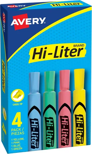 Avery Resaltadores estilo escritorio Hi-Liter, tinta segura para manchas, punta de cincel, 4 resaltadores de colores surtidos (17752)