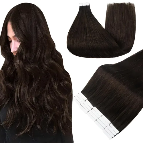 Fshine Extensiones de cabello humano con cinta adhesiva marrón oscuro de 12 pulgadas, color de cabello corto 2, con cinta de doble cara, 1.06 oz, 20