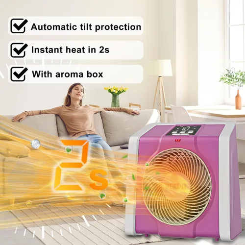 Miniatura 2 de HEATIT Calentador de espacio para interiores, pantalla digital con termostato, temporizador de 1-12 horas, modo de ventilador, 1500 W/750 W, Rosa