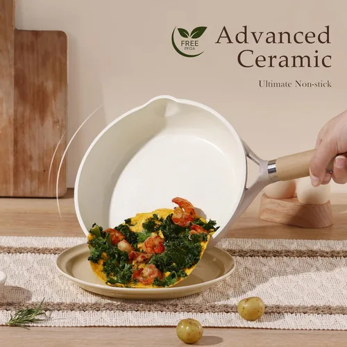 Miniatura 3 de CAROTE Sartén de cerámica de 8 pulgadas, sartén antiadherente para chef, saludable y libre de PFOA/PFAS, compatible con inducción, gris pardo Topo
