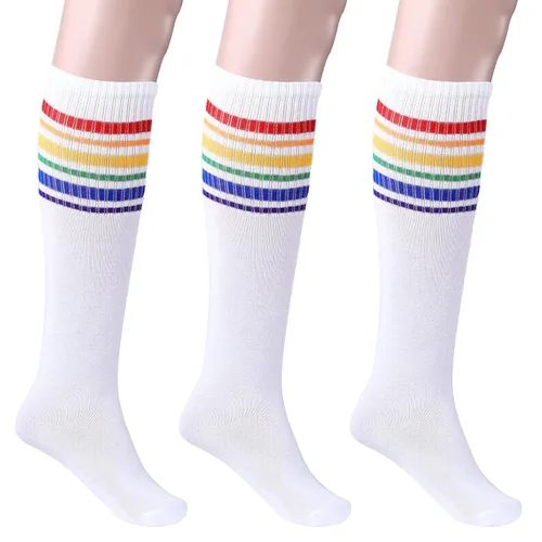 Miniatura 5 de Skylety Juego de 5 calcetines a rayas para el sudor, banda para el sudor, diadema de rayas altas para hombres y mujeres, deportes, fiesta