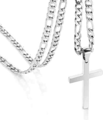 CaptainSteeL Cross Necklace for Men - Stainless Steel SilverGold Plain Cross Pendant Necklace Simple Jewelry Gifts, 24 Inches 31 Figaro Link Chain