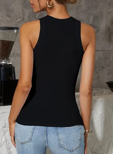 Miniatura 5 de VICHYIE Camisetas sin mangas para mujer, de verano, sin mangas, cuello en V, acanaladas, ajustadas