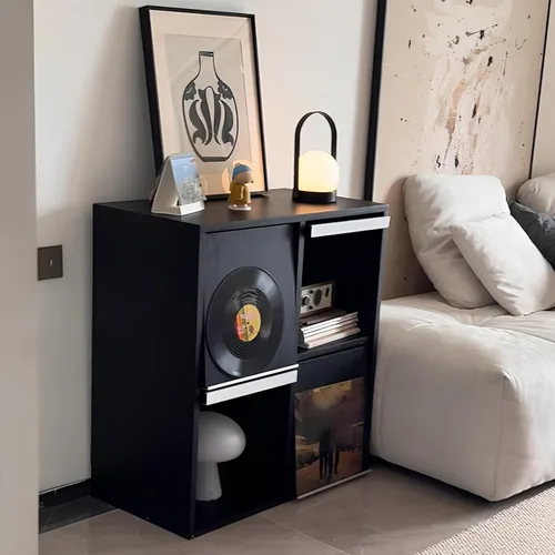 Armario de almacenamiento de discos, soporte para tocadiscos, soporte para tocadiscos con capacidad para más de 200 + de fácil montaje, mesa
