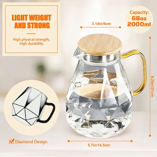 Miniatura 5 de DUJUST Jarra de agua de 2 litros, jarra de vidrio con diseño de diamante moderno con tapa y asa, jarra de agua de alta durabilidad para infusor