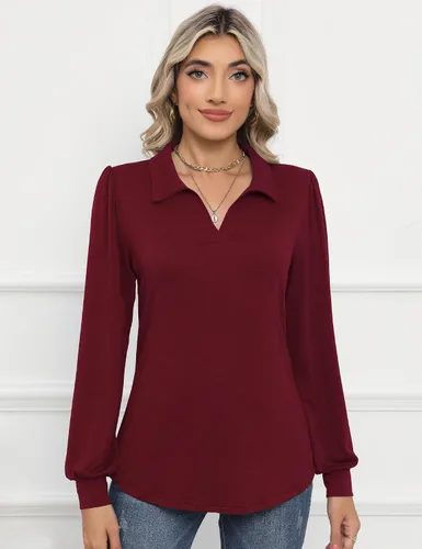 Miniatura 2 de LOMON Camisas tipo polo de manga larga con cuello en V y manga abombada para mujer
