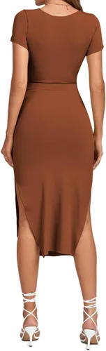 Miniatura 2 de LYANER Vestido midi de punto de manga corta con cuello en V y corte frontal para mujer