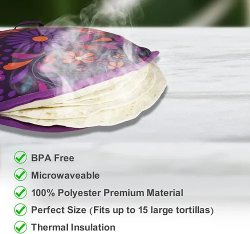 Miniatura 2 de Sophix Bolsa para calentar tortillas, tamaño grande de 12 pulgadas, este soporte de tela con aislamiento térmico mantiene las tortillas, el pan Naan