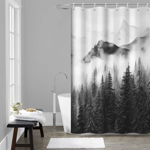 Miniatura 31 de Cortina de ducha pequeña en blanco y negro, juego de cortina de ducha de bosque brumoso para baño, impermeable, decoración de baño de montaña