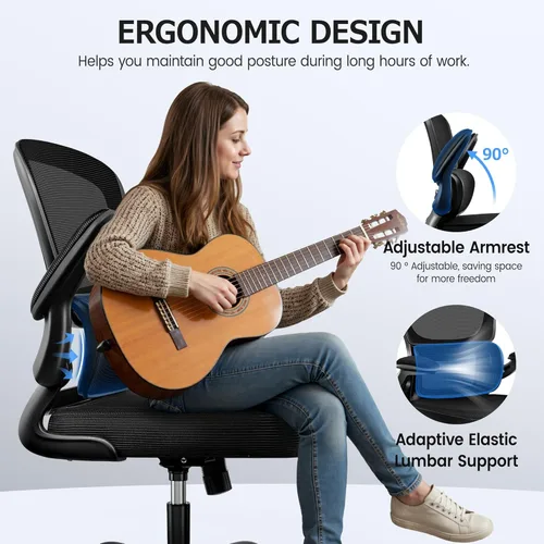 Miniatura 5 de ALLGOD Silla de oficina ergonómica, silla de escritorio ergonómica de malla transpirable con soporte lumbar, reposabrazos abatibles, sillas de Negro