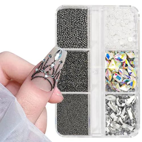 Miniatura 10 de Dijes 3D para arte de uñas, oro rosa, cuentas de micro caviar, diamantes de imitación para uñas acrílicas, tamaño mixto, diamantes de imitación AB