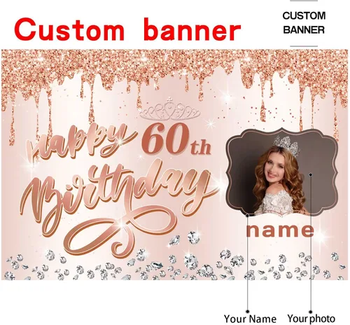 Miniatura 2 de Pancarta personalizable de decoración de feliz cumpleaños número 60, personalizable con nombre y foto MGJB-NLK-60th