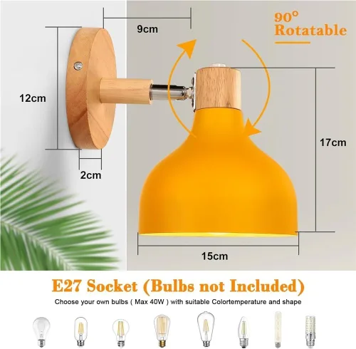 Miniatura 7 de Lámpara de pared E27 retro regulable escandinava para dormitorio, sala de estar, pasillo, cocina, iluminación interior (Amarillo, 2 piezas)