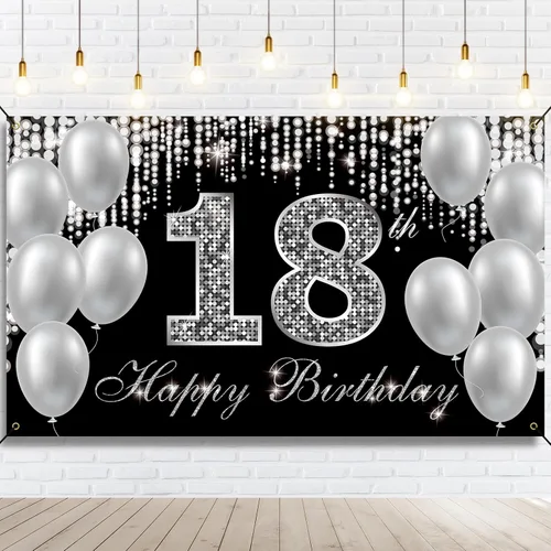 Cartel de fondo de 18 cumpleaños, decoraciones de feliz cumpleaños 18 para niños y niñas, negro y plateado para fiesta de cumpleaños de 18 años,