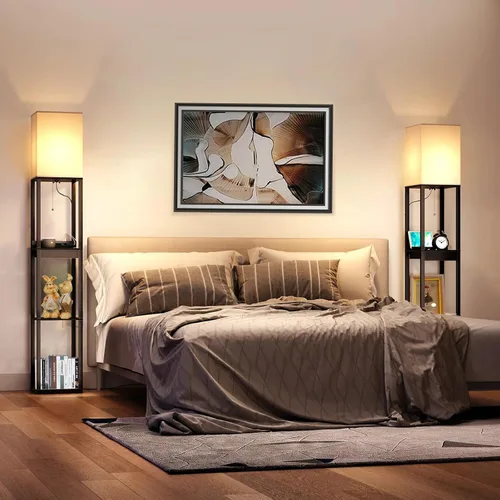 Miniatura 6 de Lámparas de pie para sala de estar, lámpara de pie alta con estantes y cajón, 2 puertos de carga USB y 2 tomas de corriente, bombilla LED brillante