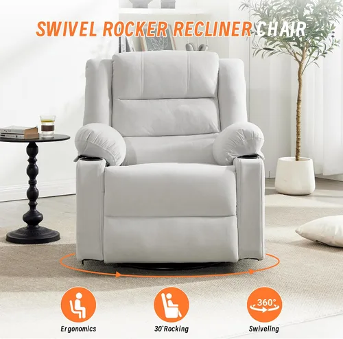 Miniatura 5 de Mecedora reclinable para adultos, silla reclinable giratoria de 360° con masaje y calefacción, mecedora manual con portavasos para sala de estar