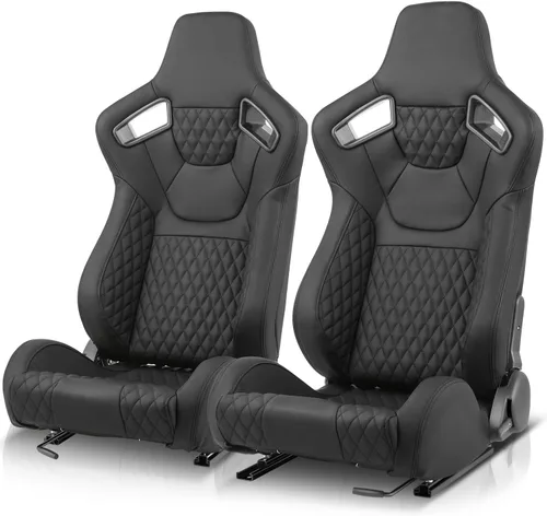 Miniatura 12 de Auto Dynasty Par de Asientos de Carreras Universales Tipo Bucket de Cuero Vinílico y Fibra de Carbono Reclinables con Rieles de Montaje Inferior