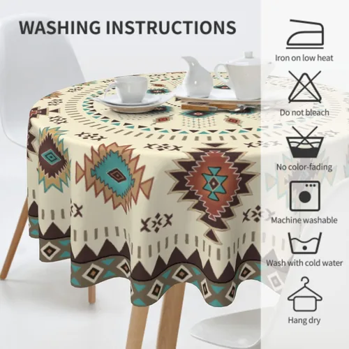 Miniatura 5 de Giwawa Mantel redondo azteca del suroeste de 60 pulgadas, diseño étnico tribal geométrico, estilo vintage, mantel circular bohemio y chic lavable