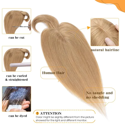 Miniatura 3 de S-noilite Toppers para el cabello humano real con flequillo, 6 pulgadas, color rubio oscuro #27, base de seda, clip en la parte superior