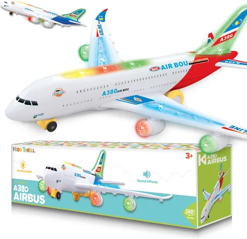 Avión eléctrico Bump and Go Bou A380, para niños, acción divertida, gran modelo plano con luces y sonidos atractivos, cambia la dirección en