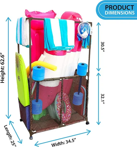 Miniatura 2 de Soporte para equipo de piscina con barras de secado de toallas, organizador de almacenamiento multiusos con ruedas de malla, colgador de toallas