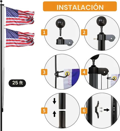 Miniatura 6 de NELXINJO Kit de Asta de Bandera de Servicio Pesado de 25 Pies para Exteriores de la Casa, Tubo Inferior de 2.1", Poste de Aluminio Cónico con Todos