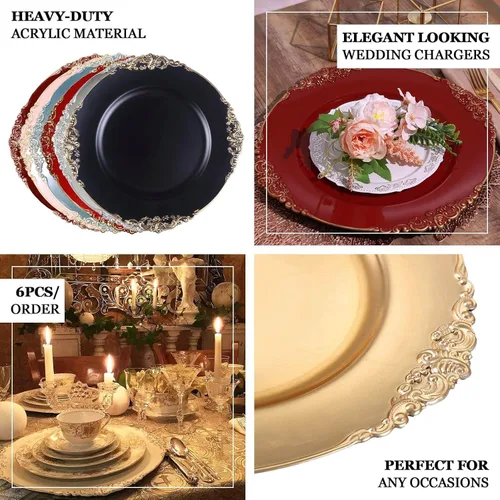 Miniatura 4 de Efavormart - Paquete de 6 platos barrocos redondos de oro rosa de 13 pulgadas, borde en relieve de hojas, perfecto para decoración de catering