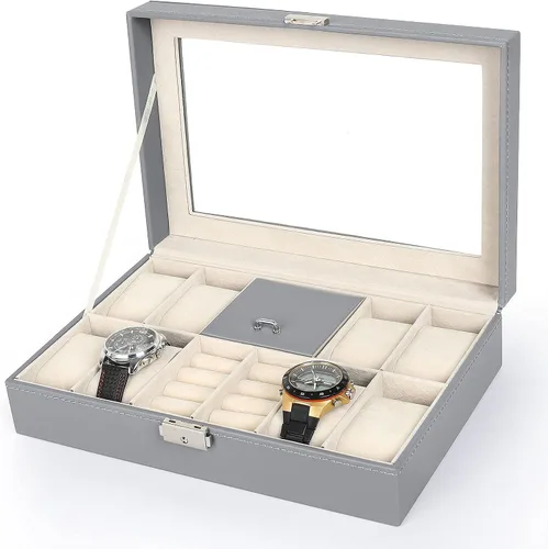 NEX Caja de reloj, 8 ranuras de cuero con cerradura para reloj con almacenamiento de anillo para mujeres y hombres (gris)