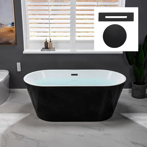 WOODBRIDGE Bañera de acrílico independiente de 59 pulgadas, bañera negra de remojo contemporáneo con desbordamiento y drenaje negro mate, B1814-MB