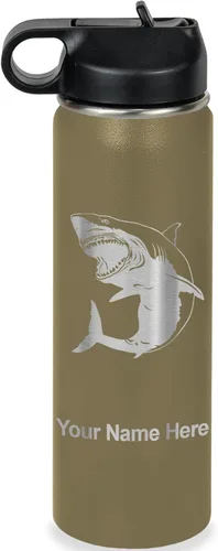 Miniatura 44 de LaserGram Botella de agua personalizada, gran tiburón blanco, acero inoxidable de doble pared aislada al vacío con popote superior, regalo grabado
