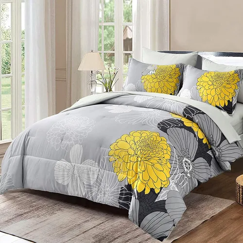 Yiran - Juego de edredón de 7 piezas en una bolsa, edredón floral amarillo con flores, ropa de cama de microfibra suave, tamaño King (1 edredón, 1