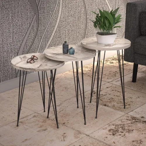 Miniatura 2 de Juego de 3 mesas auxiliares anidables de mármol blanco, mesas auxiliares redondas de madera apilables con patas de metal para sala de estar, oficina