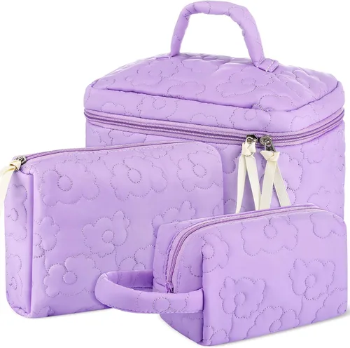 Miniatura 8 de Paterr Juego de 3 bolsas de maquillaje acolchadas grandes de algodón para mujer, bolsa organizadora de artículos de tocador de viaje para Azul