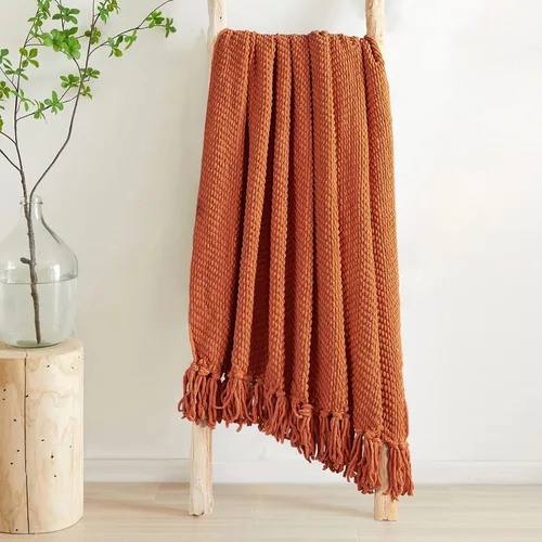 Miniatura 7 de Manta de tweed con borlas de flecos para sofá, decoración del hogar, cama, sofá, silla, 50 x 60 pulgadas, naranja óxido