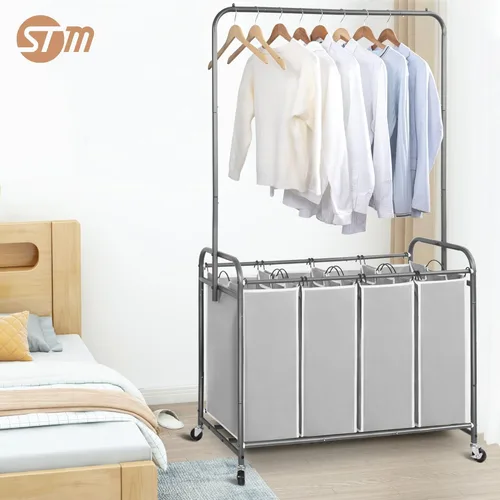 Miniatura 9 de STORAGE MANIAC Clasificador de ropa sucia con barra para colgar, portátil, extraíble con ruedas enrollables resistentes y bolsas extraíbles