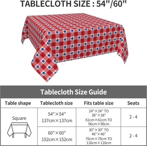 Miniatura 5 de 4th of July Tablecloth Square 60x60 Inch,Red White Buffalo Plaid Check Blue Patriotic Stars Table Cloth,Stain Resistance Polyester Independence Day