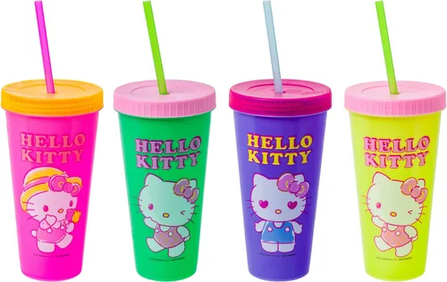 Silver Buffalo Sanrio Hello Kitty Summertime Gardening - Paquete de 4 vasos de plástico que cambian de color, incluye tapa y pajilla, 24 onzas