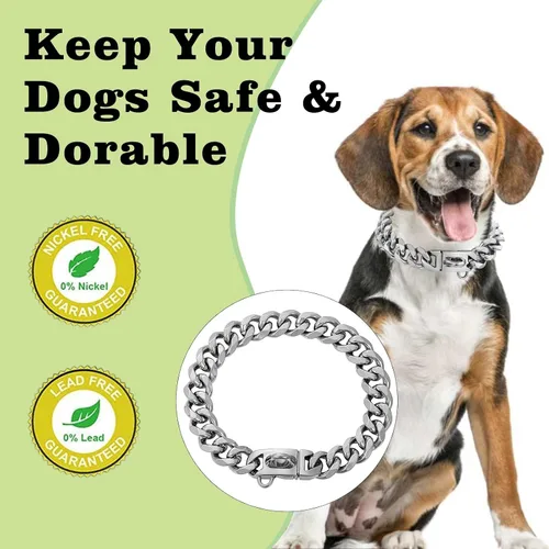 Miniatura 6 de Collares para perros de acero inoxidable plateado y dorado con cierre de seguridad, collar de cadena tipo cubano de 18 quilates para entrenamiento