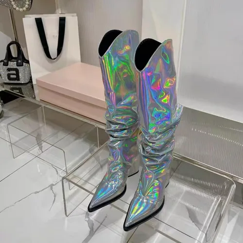Miniatura 21 de Vertundy Botas altas hasta la rodilla metálicas con punta puntiaguda para mujer, botas altas de tacón alto de charol plisadas, botas largas plisadas