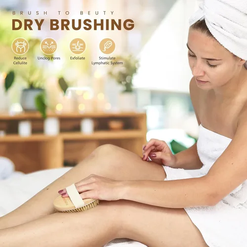 Miniatura 4 de POPCHOSE Cepillo de cepillado en seco para el cuerpo, cepillo exfoliante de cerdas naturales para la piel seca, exfoliante corporal para una piel
