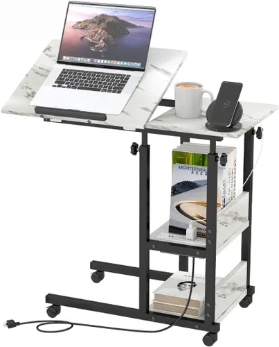 Miniatura 11 de Hadulcet Mesa C Ajustable con Estación de Carga, Escritorio Inclinable Mesa Auxiliar en Forma de C para Sofá, Soporte sobre Cama con Ruedas